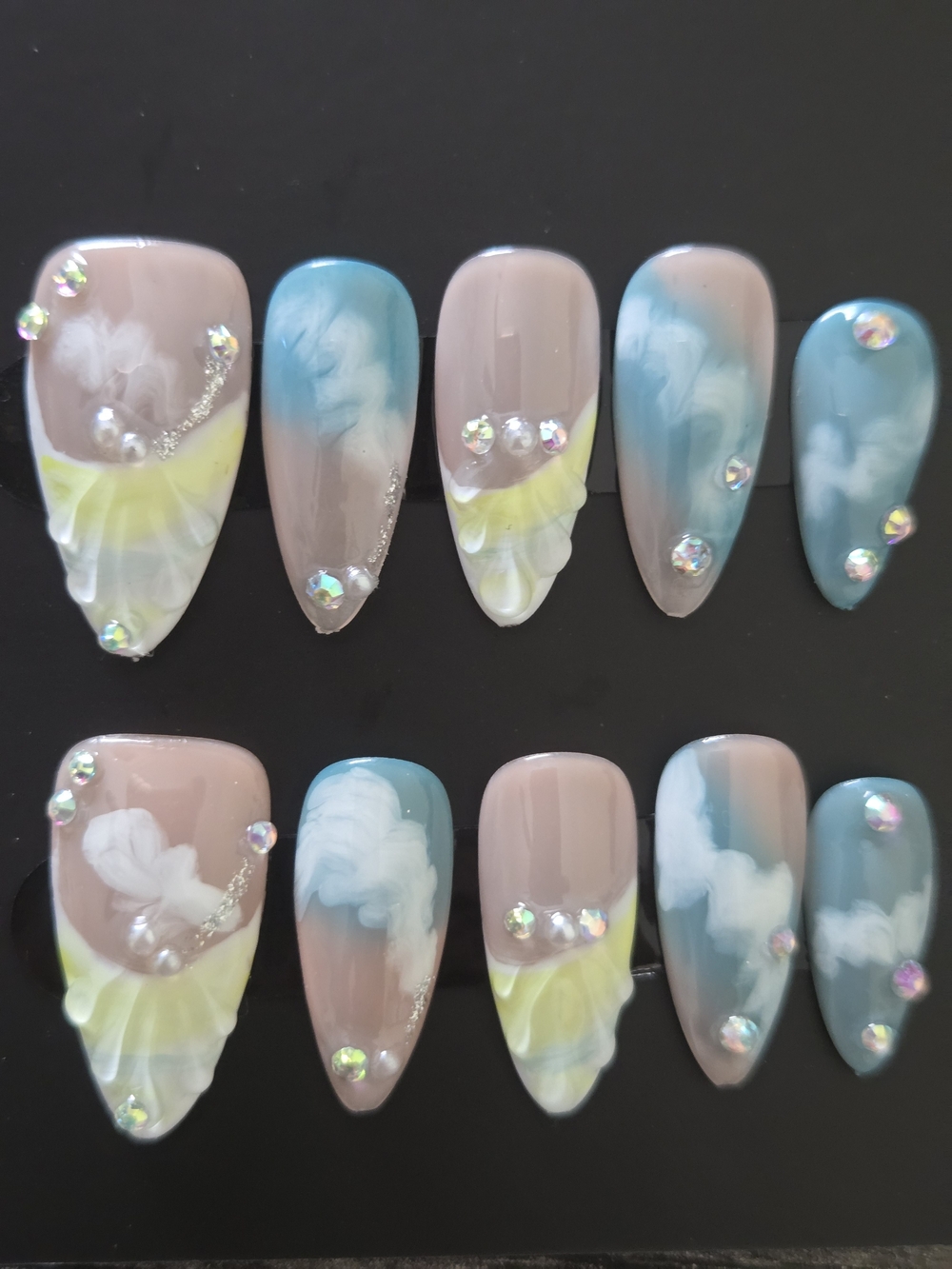 Hand Crafted Blue Nude Yellow Ombre Floral Press-On Nails with Rhinestones